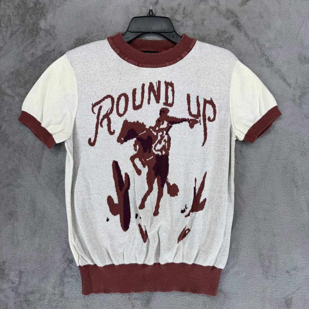 Collectif London Round Up Western Cowboy Graphic‎ Knit Short Sleeve Sweater M